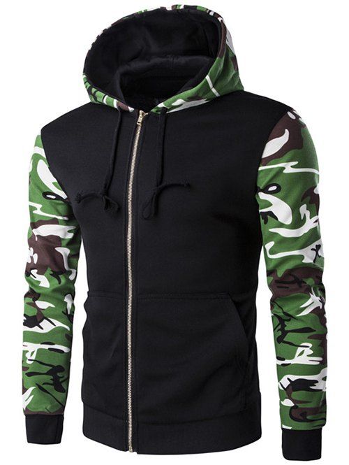 

Camouflage Spliced Zip-Up Hooded Long Sleeve Men's Hoodie, Black
