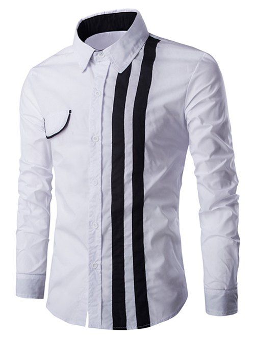 Tournez-Down Flap collier Agrémentée Verticla Stripe manches longues hommes  's Shirt - Blanc 2XL