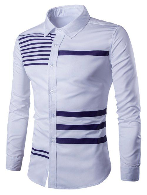 Col rabattu Stripes Splicing design manches longues hommes  's Shirt - Blanc L