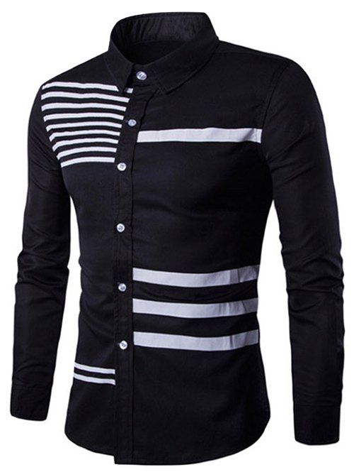 Col rabattu Stripes Splicing design manches longues hommes  's Shirt - Noir M