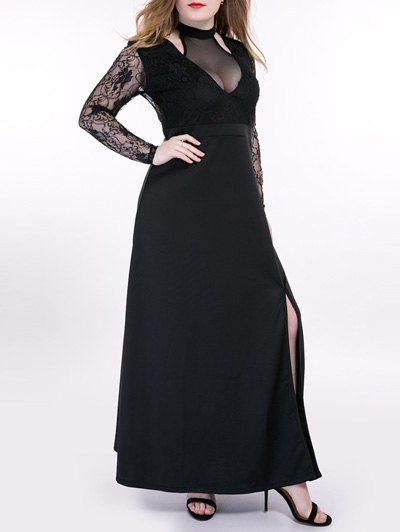

Oversized Alluring See-Through Lace Splicing Dress, Black