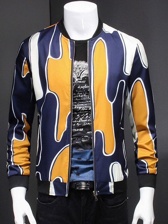 Abstract 3D Printed Ribbed Collar Long Sleeve Jacket For Men - Jaune 5XL