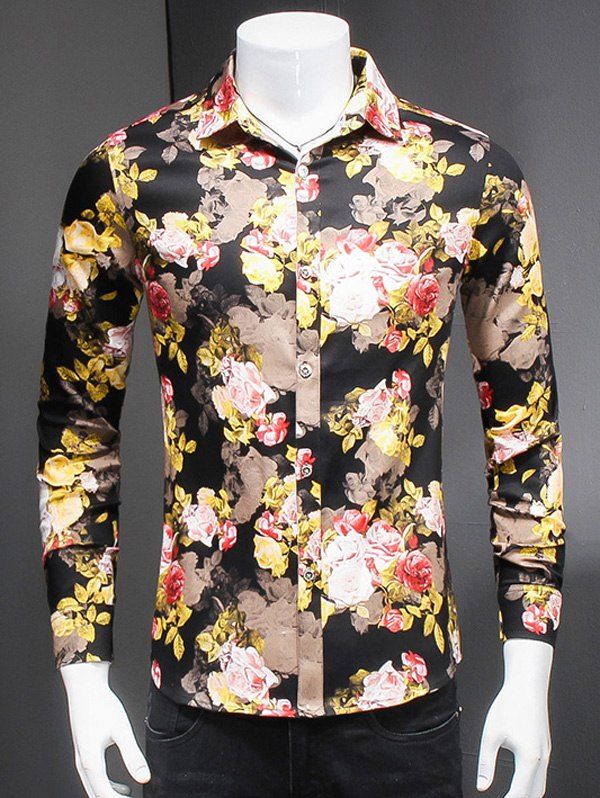 

Fashionable Floral Print Turn-Down Collar Long Sleeves Shirt For Men, Black