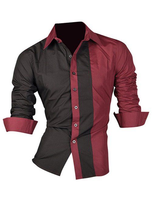 Chemise homme color block avec manches longues - Rouge vineux XL