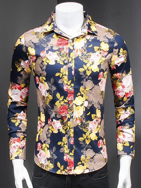 

Fashionable Floral Print Turn-Down Collar Long Sleeves Shirt For Men, Deep blue
