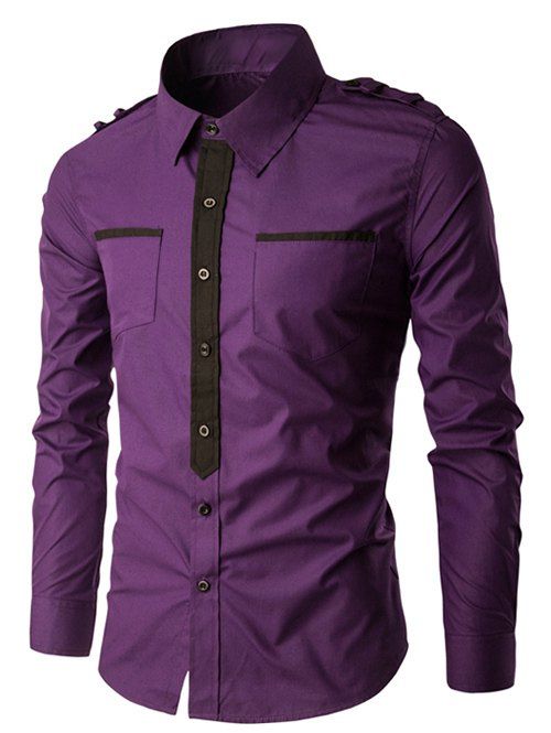 

Turn-Down Collar Pockets Splicing Design Long Sleeve Men's Shirt, Purple