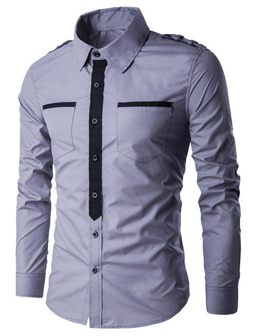 

Turn-Down Collar Pockets Splicing Design Long Sleeve Men's Shirt, Gray