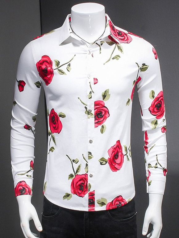 Mode Roses Imprimer Turn-Bas col chemise manches longues pour les hommes - Blanc 4XL