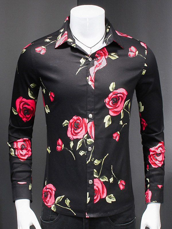 [41% OFF] 2021 Fashionable Roses Print Turn-Down Collar Long Sleeves ...