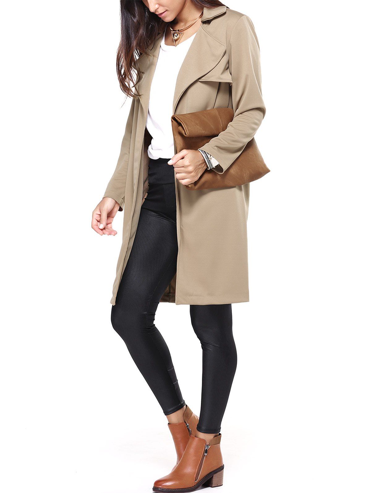 

Simple Turn-Down Collar Pocket Design Coat, Light khaki