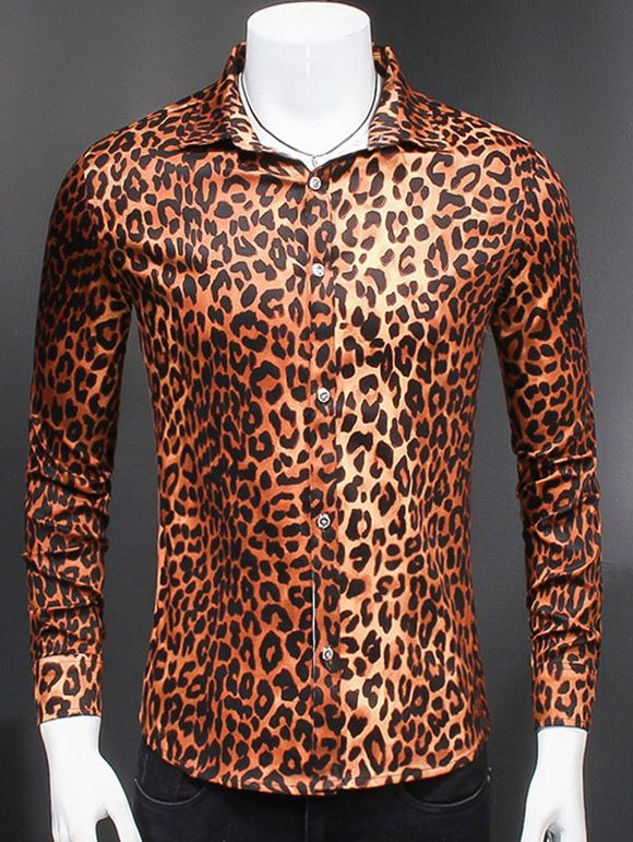 Élégant col rabattu manches longues Leopard shirt pour hommes - Léopard 4XL
