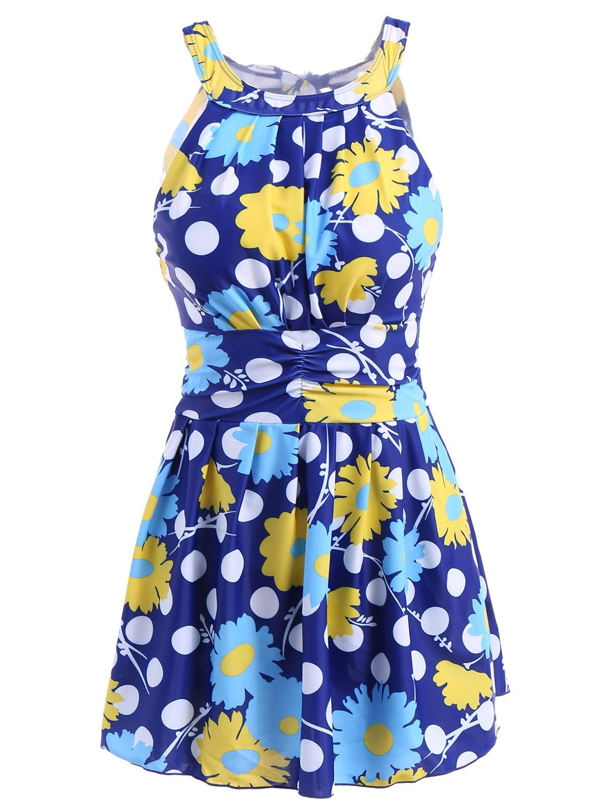 

Trendy Hollow Out Floral Print One-Piece Women's Swimwear, Blue and yellow