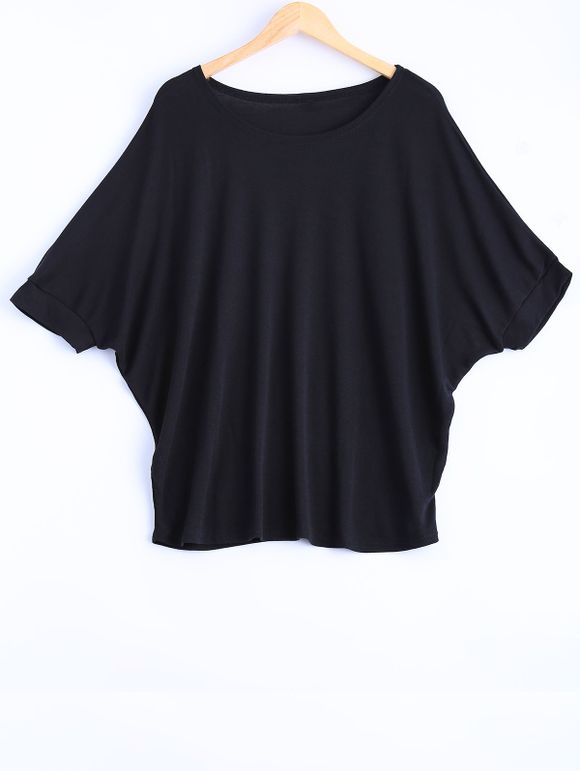 T-shirt Ample Simple à Manches Chauves-Souris pour Femme - Noir L