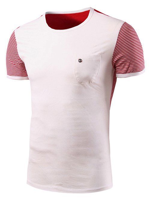 Casual Stripe Spliced ​​col rond manches courtes T-shirt pour les hommes - Blanc L