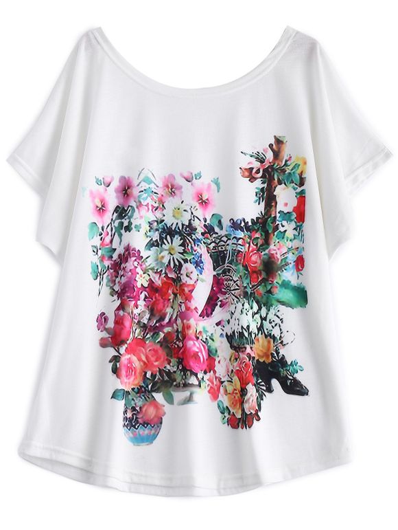 Imprimer T-shirt blanc à manches Batwing Floral - Blanc M