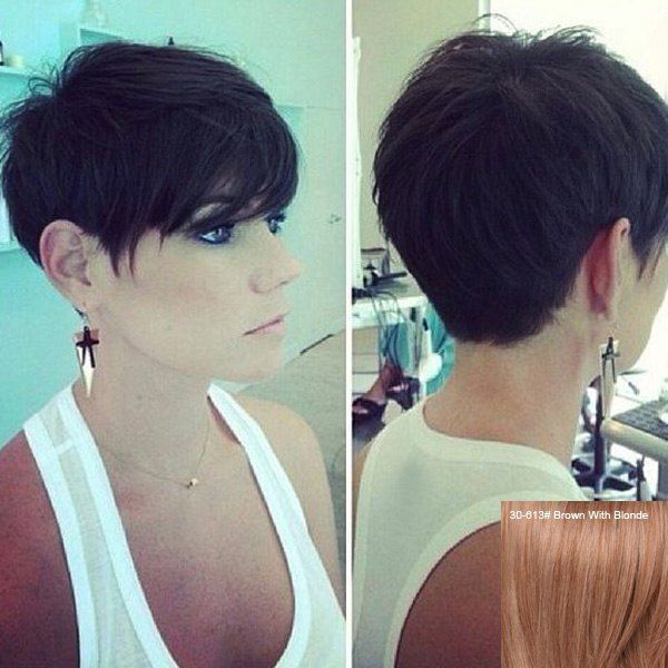 

Ultrashort Side Bang Human Hair Wig Masculine For Women, Brown with blonde