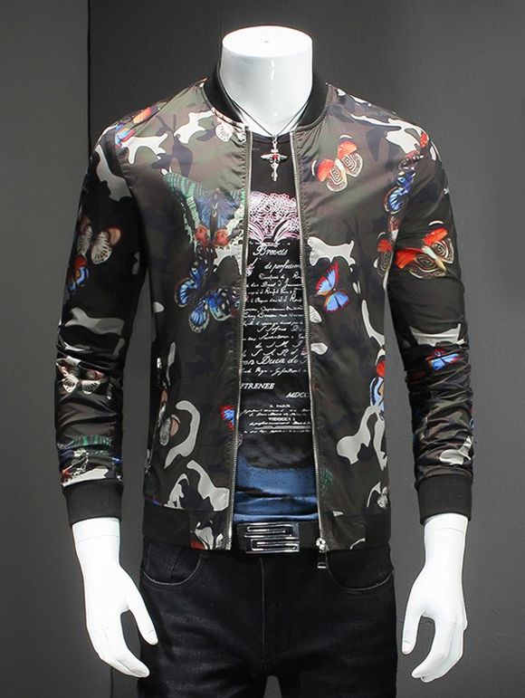 Butterflies Print Baseball Collar Long Sleeve Camo Bomber Jacket For Men - multicolore M