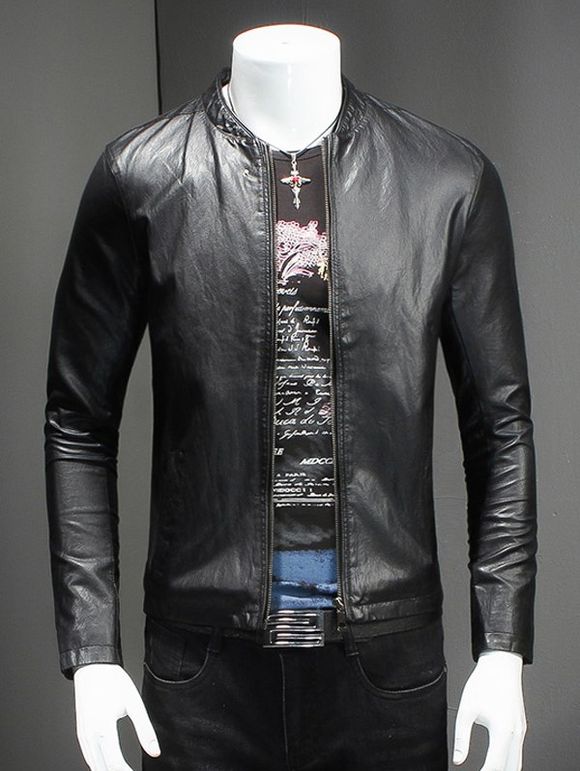 Pure Color Stand Collar Long Sleeves Leather Jacket For Men - Noir XL