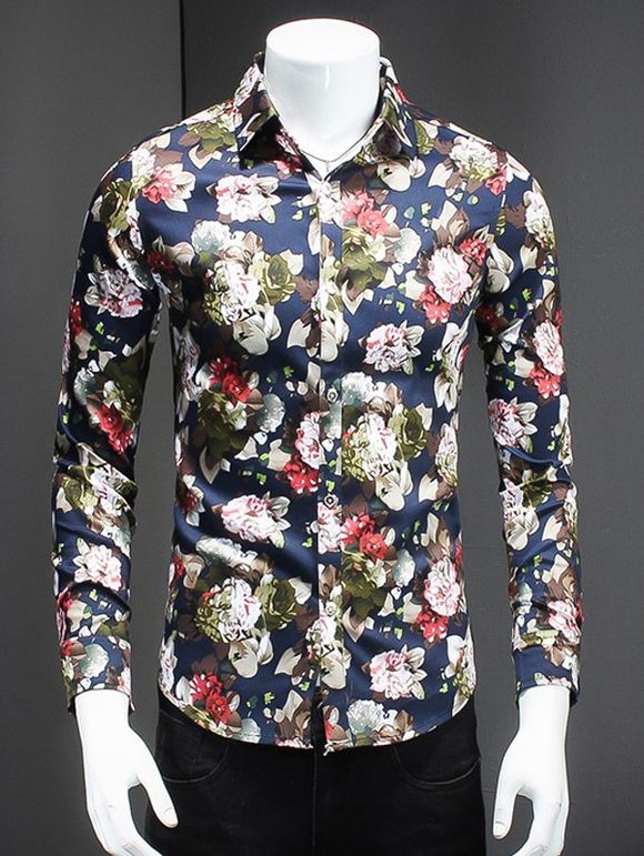 Fleurs mode d'impression Turn-Bas col chemise manches longues pour les hommes - multicolore 5XL