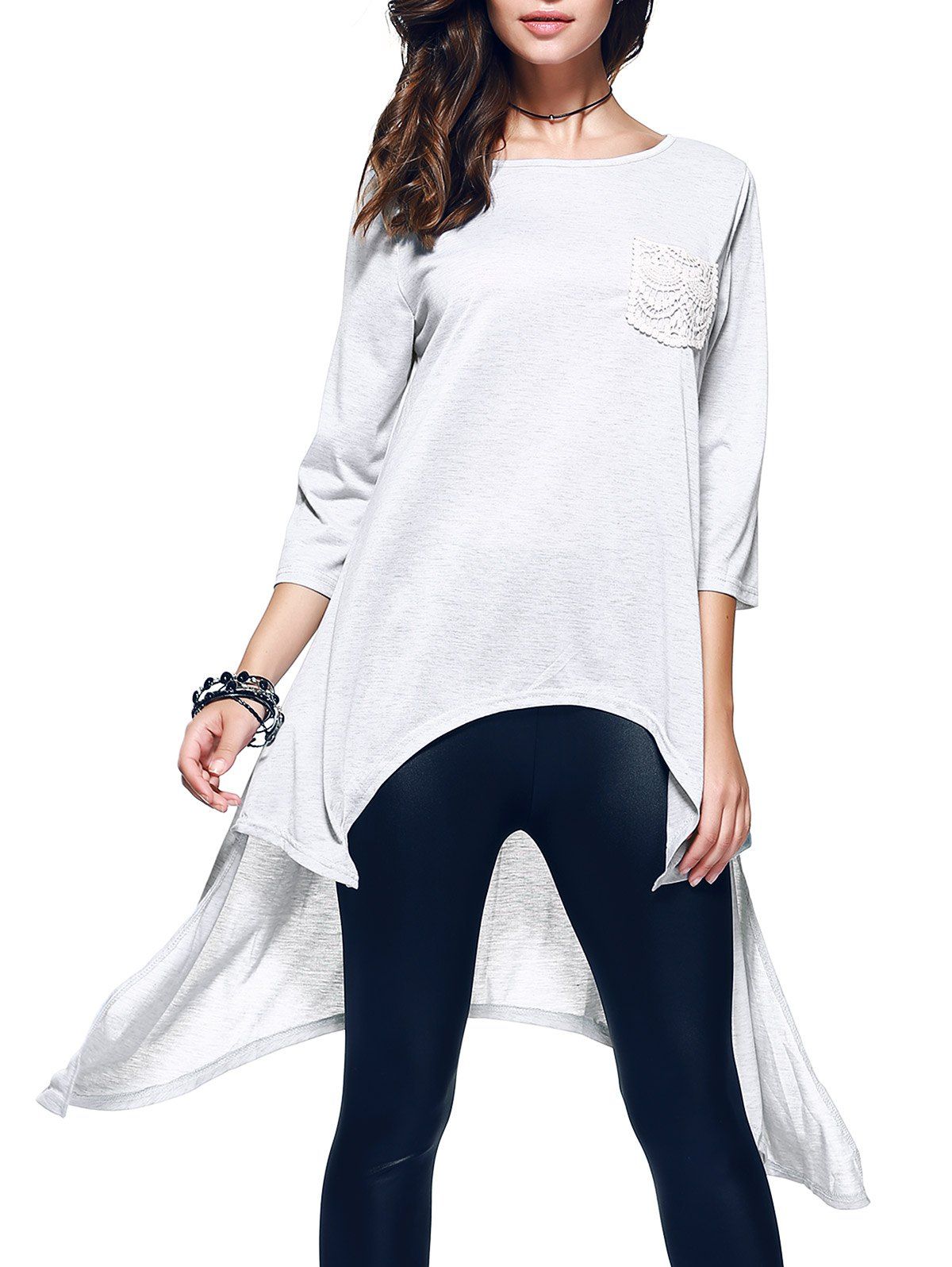 

Chic 3/4 Sleeve Asymmetrical Patch Design Women's T-Shirt, Light gray