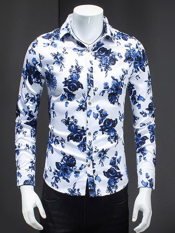 Blue Roses Imprimer Turn-Bas col chemise manches longues pour les hommes - Bleu et Blanc M