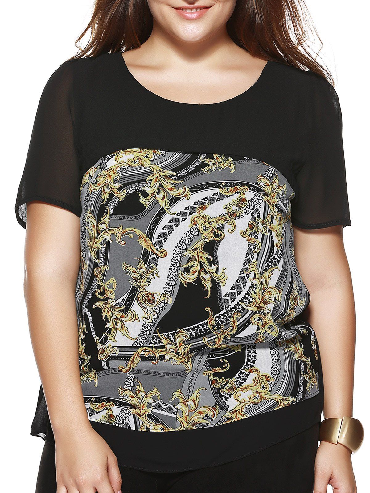 

Plus Size Chic Abstract Pattern Chiffon Blouse, Black