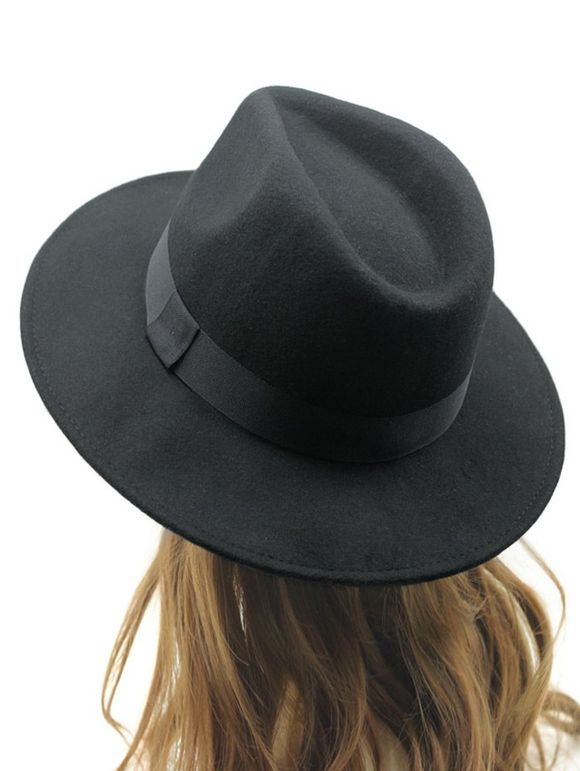 Chic Wide Brim Felt Fedora Hat - BLACK 