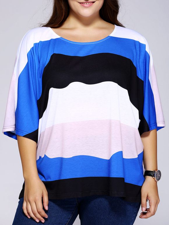 Casual Scoop Neck ample Color Block Stripe Top pour les femmes - multicolore 4XL