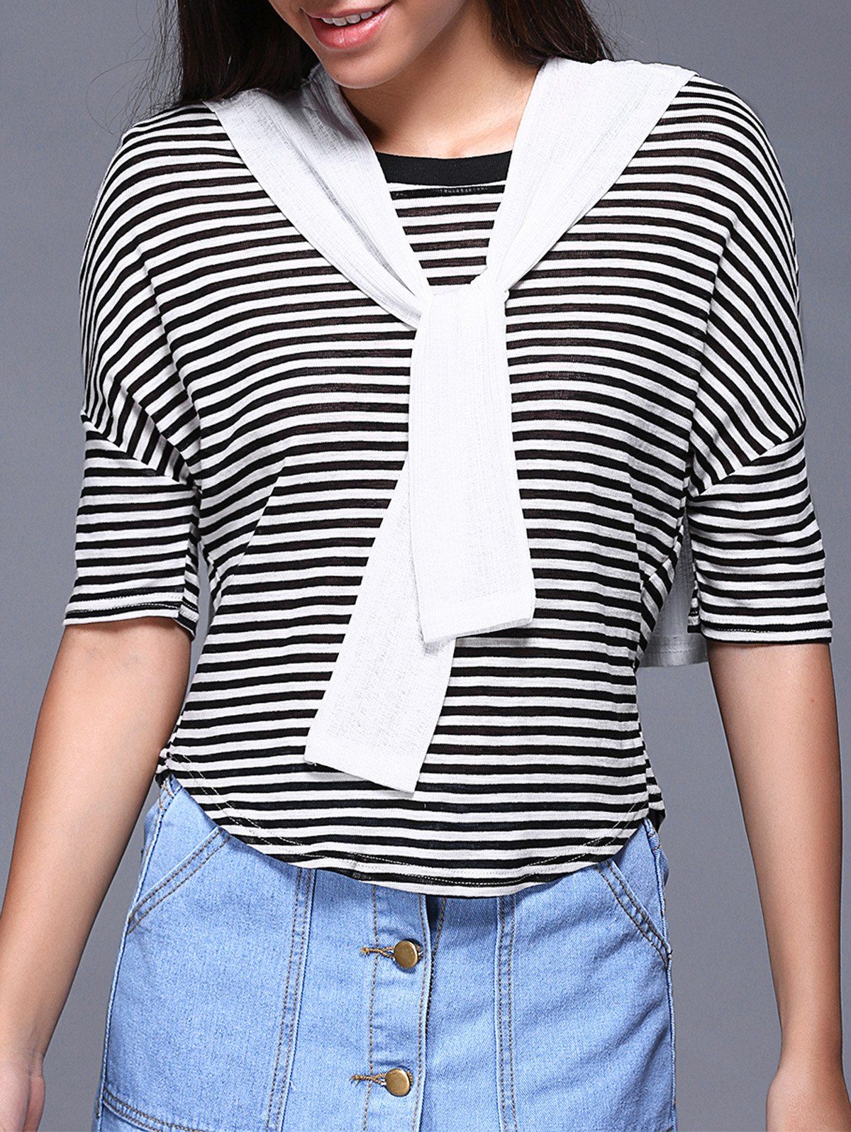 

Preppy Style Faux Two-Piece Striped T-Shirt For Women, Black