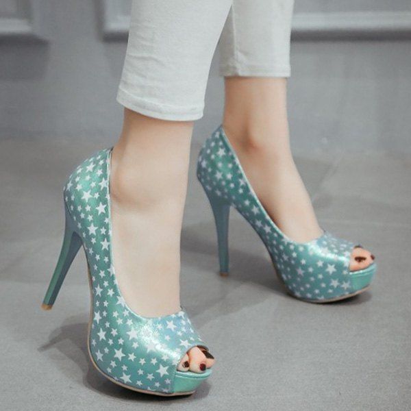 

Trendy Platform and Star Pattern Design Women's Peep Toe Shoes, Water blue