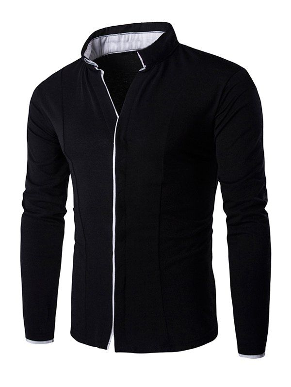 

Thin Piping Placket Stand Collar Casual Long Sleeve Shirt For Men, Black
