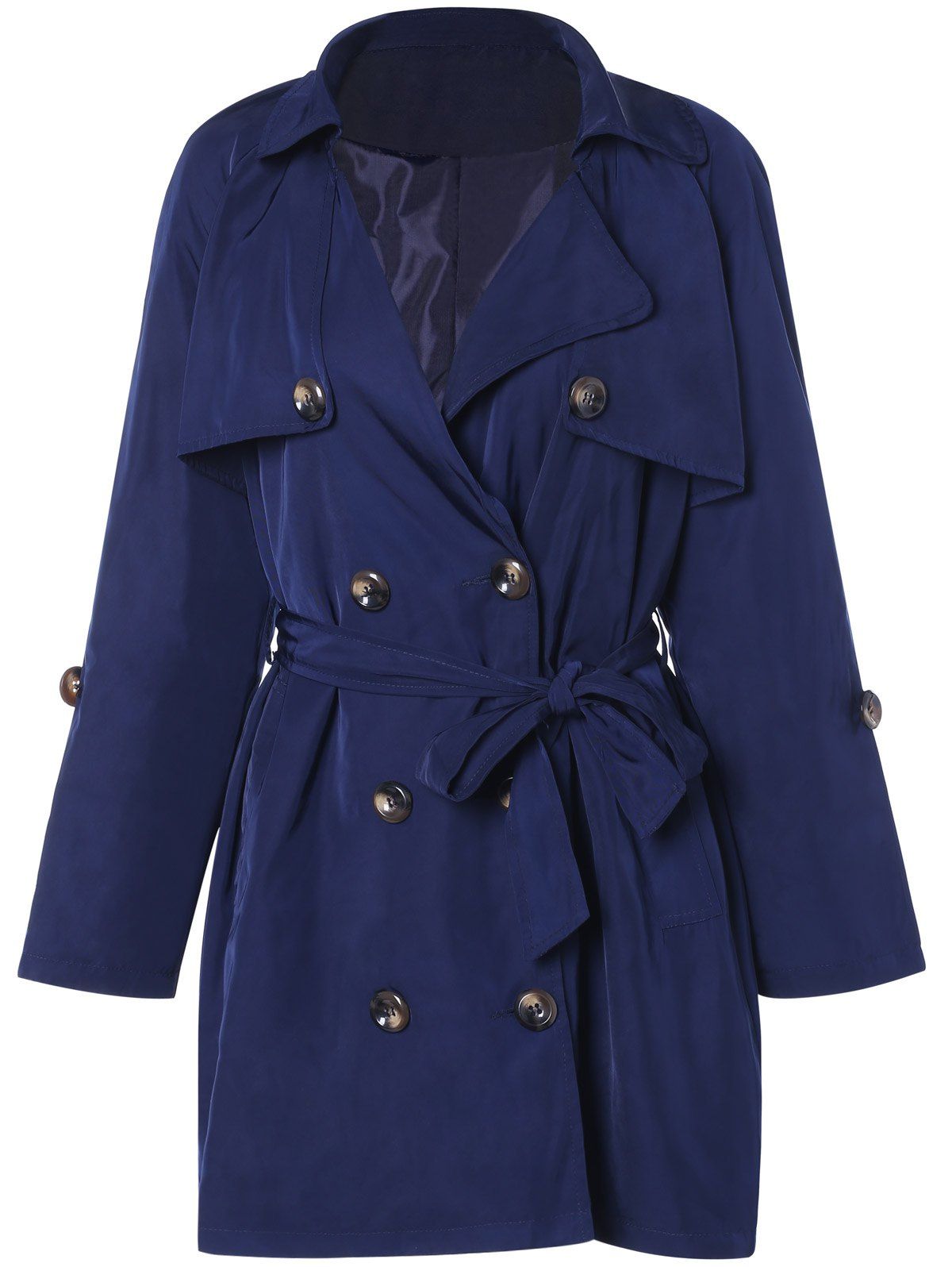 41 Off 2021 Plus Size Tie Belt Double Breasted Long Trench Coat In Deep Blue Dresslily 1956