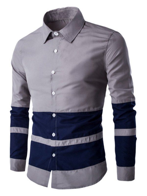 

Turn Down Collar Color Splicing Men's Long Sleeve Shirt, Gray