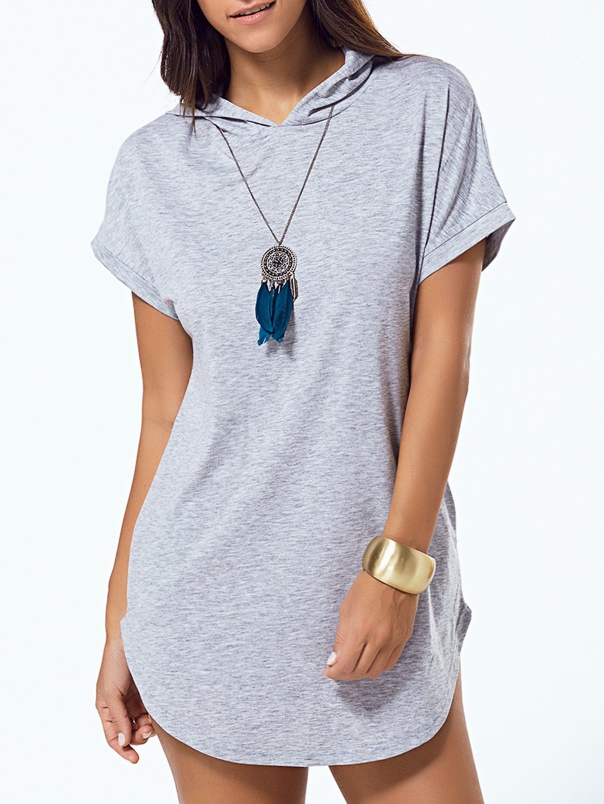 

Hooded Asymmetric Summer Casual Dress With Sleeves, Gray