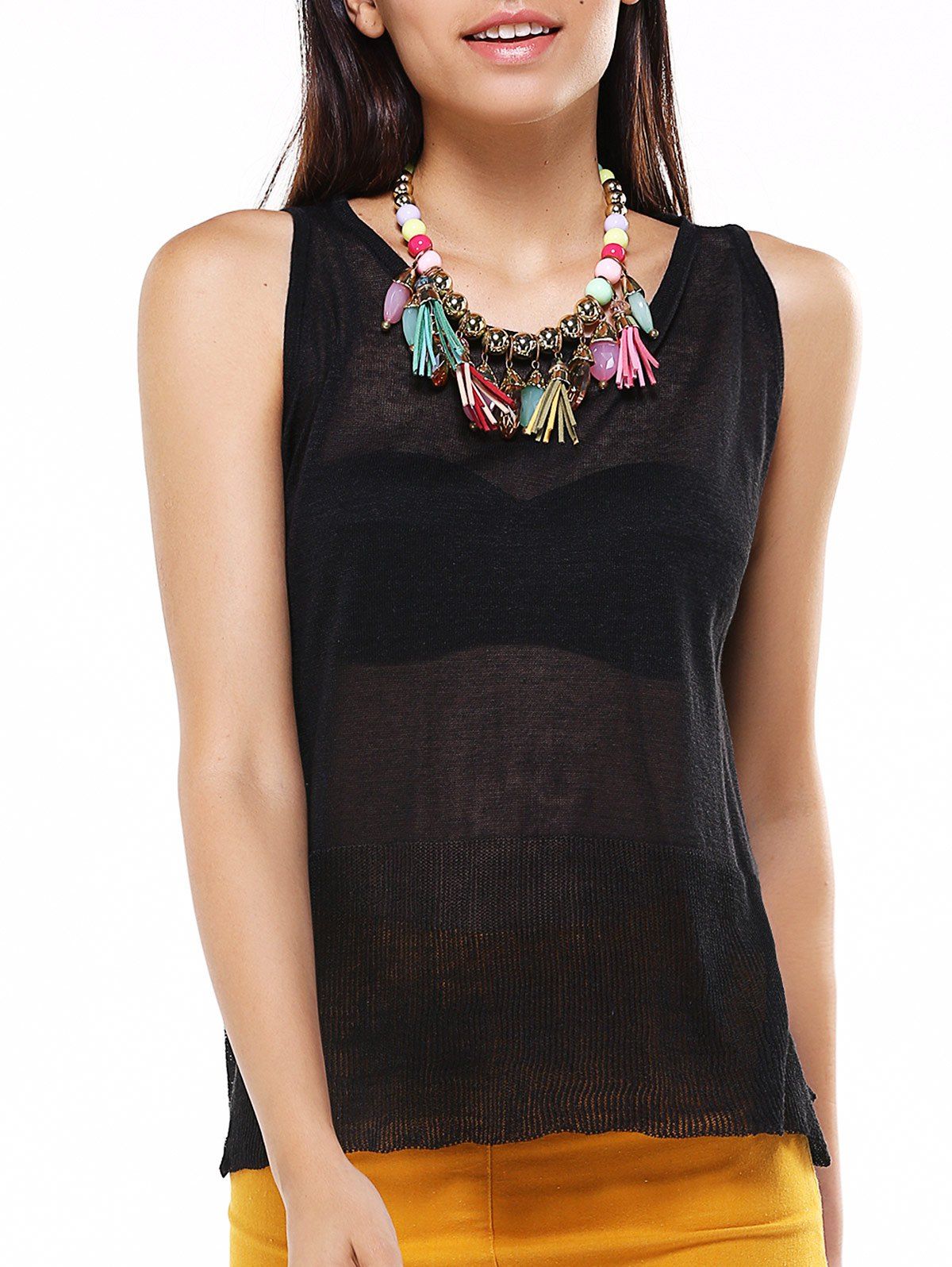 

Asymmetric See-Through Back Buttoned Top, Black