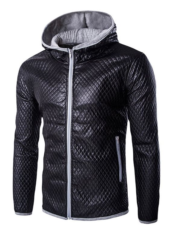 Manteau en Cuir Matelassé à Capuche en Blocs de Couleurs Style Rétro pour Hommes - Gris XL
