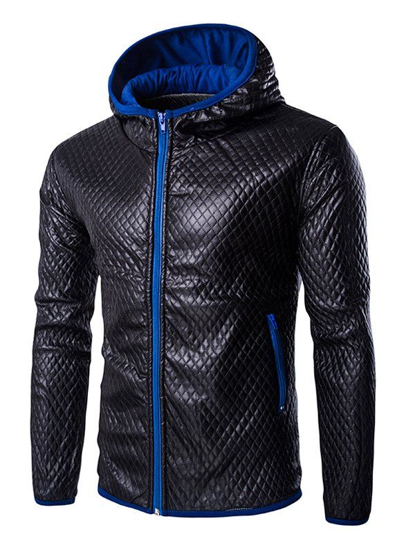 

Retro Color Block Hooded Quilting Leather Coat For Men, Blue