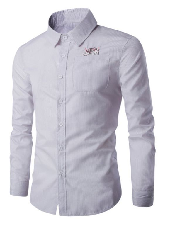 Chemise à manches longues à rayures Chaton unique poitrine Pocket Men  's - Blanc XL