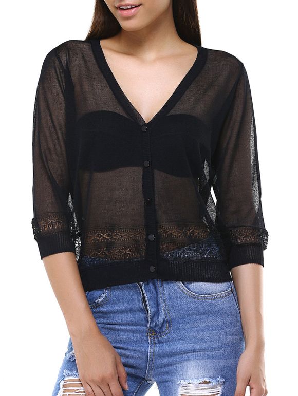Hollow Out See-Through Buttoned Cardigan - Noir ONE SIZE
