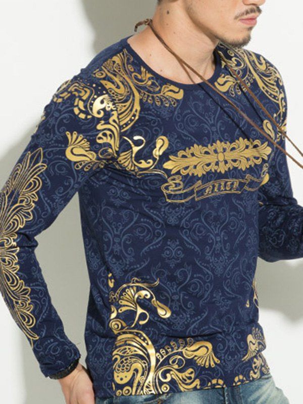 

Hot Stamping Printing Round Neck Men's Long Sleeve T-Shirt, Sapphire blue