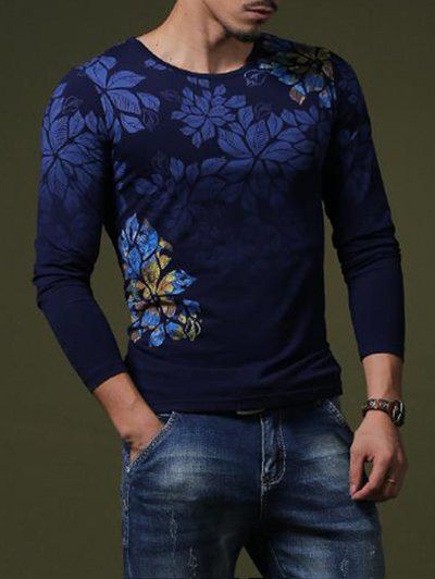 Manches longues T-shirt Fleur élégante d'impression Slim Fit col rond pour les hommes - Bleu Saphir M