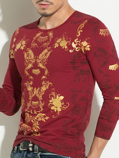 Floral Hot Stamping Impression col rond Hommes  's manches longues T-shirt - Rouge 3XL