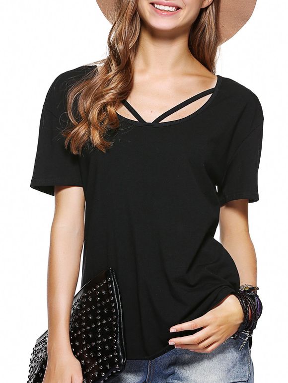 Simple Cut Out Solid Color T-Shirt For Women - BLACK L
