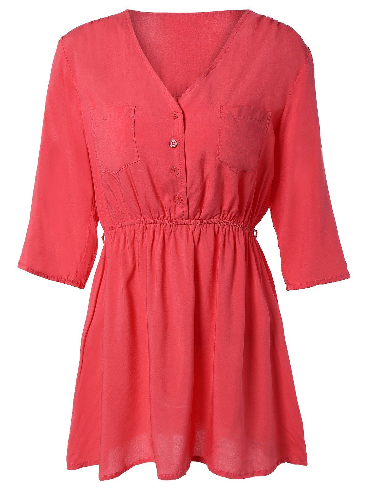

Pocket Design V-Neck Elastic Waist Dress, Red