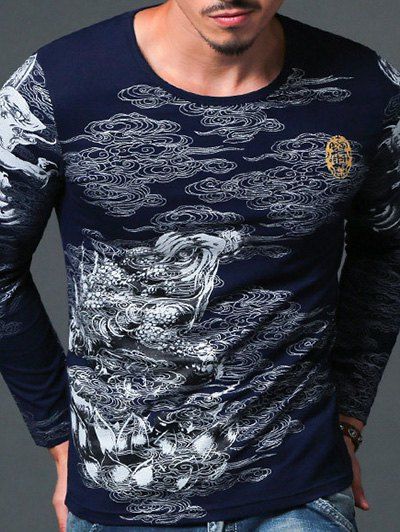 

Abstract Print Round Neck Men's Long Sleeve T-Shirt, Sapphire blue