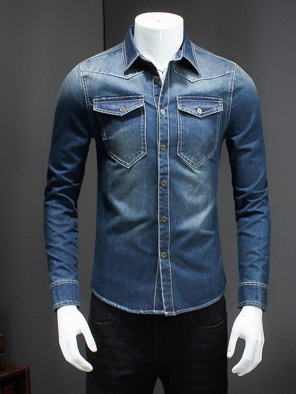 Chemise en Jean Manches Longues à Col Rabattu Design Délavé et Poche Grande-Taille pour Hommes - Bleu 5XL