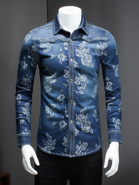 Plus Size Turn-Down Collar imprimé floral manches longues hommes d  'Denim Shirt - Bleu 4XL