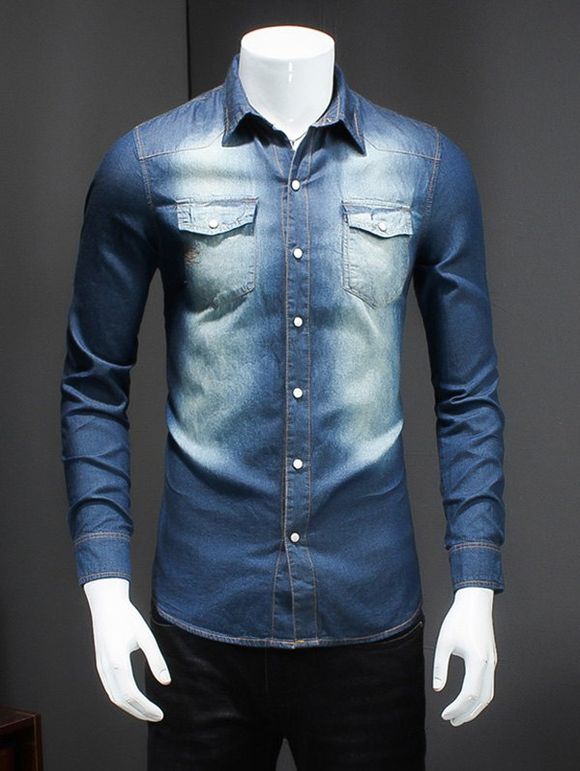 Plus Size Turn-Down Collar Bleach Wash Long Sleeve Men's Denim Shirt - Bleu 7XL