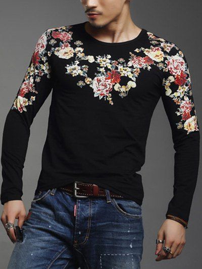 

Floral Print Long Sleeve Round Neck Men's T-Shirt, Black