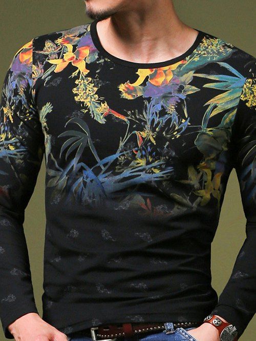 

Stylish Plant Print Slim Fit Round Neck Long Sleeves T-Shirt For Men, Black